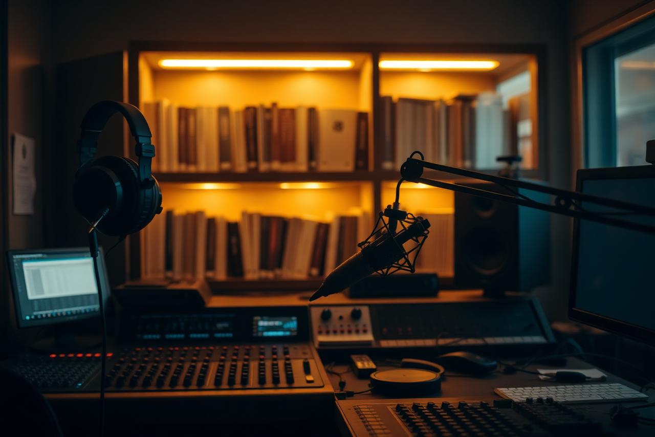 Inside the Community Air broadcast studio, warm light over a mixing desk and shelves of books